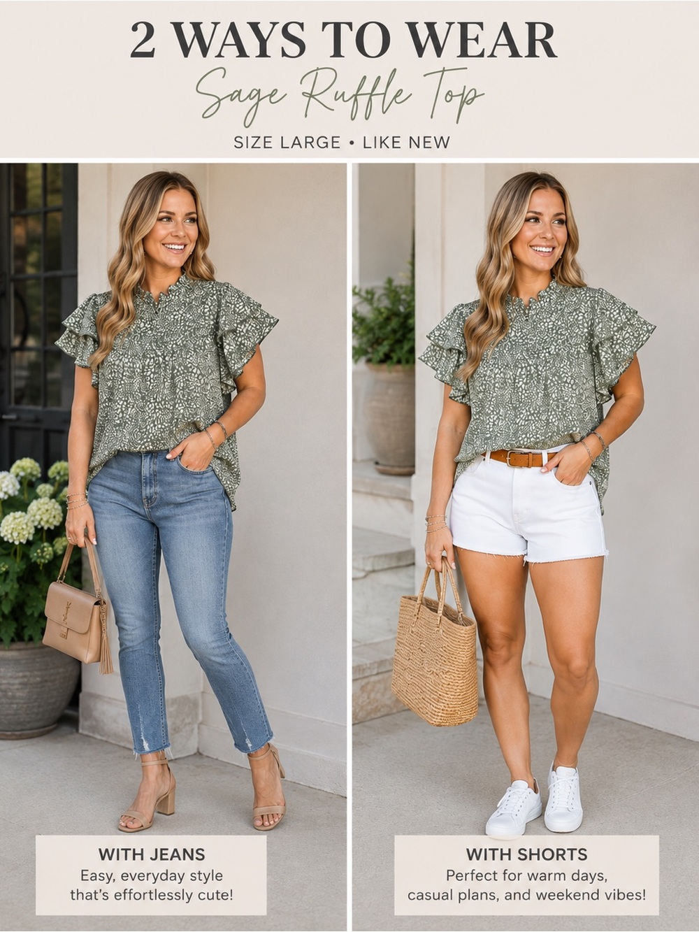 Sage Green Animal Print Ruffle Top – Size Large – Like New